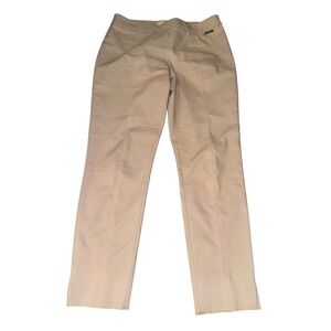 Tory Burch Tan Beige Pintuck Slim Leg Ankle Pants Side Slit Gold Logo Size 4